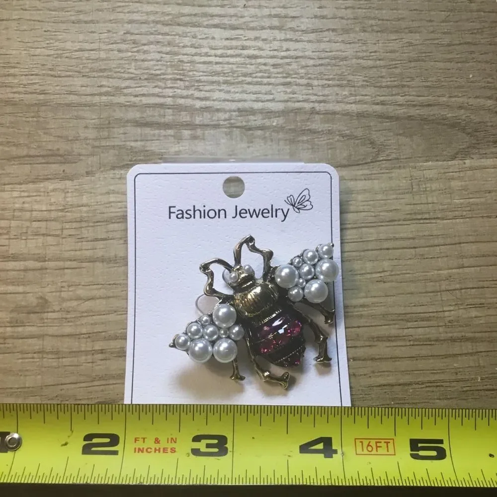 Gold Bee Brooch with White Pearls and Red Crystal Rhinestones